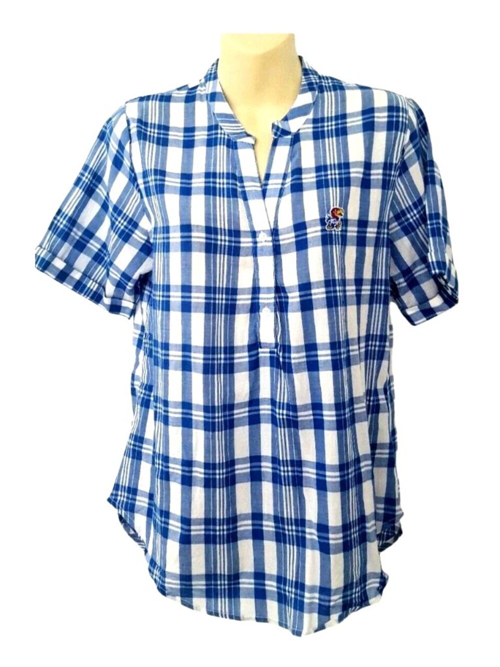 Kansas Jayhawks Womens Top Size Small Plaid Short Sleeve Blouse Relaxed Fit New